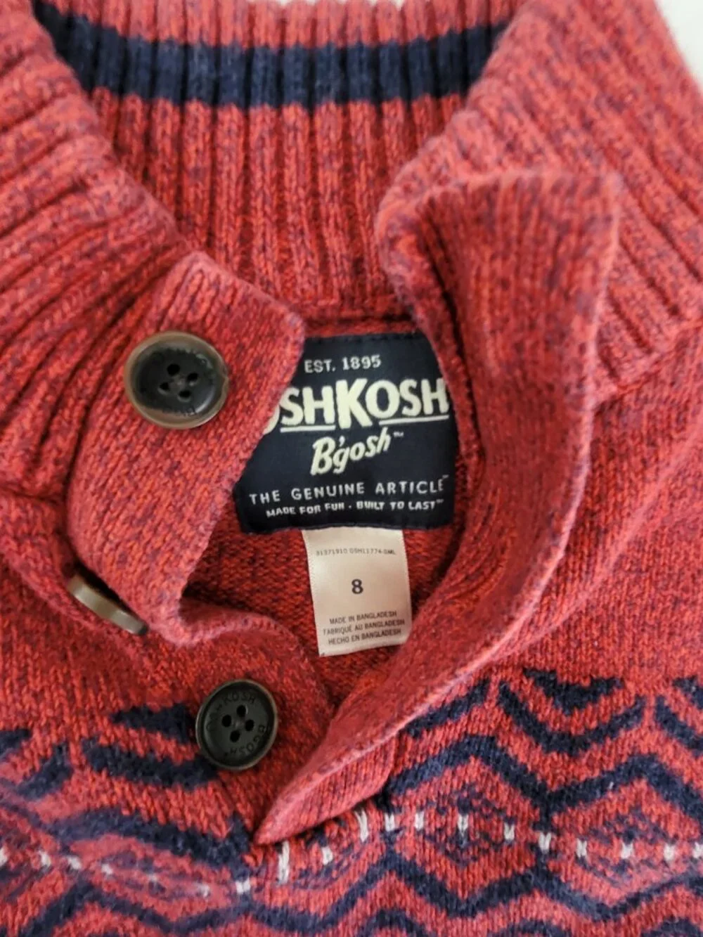 Vintage OshKosh Sweater Boys 8 Red 100% Cotton Knit Fair Isle Button Mock Neck